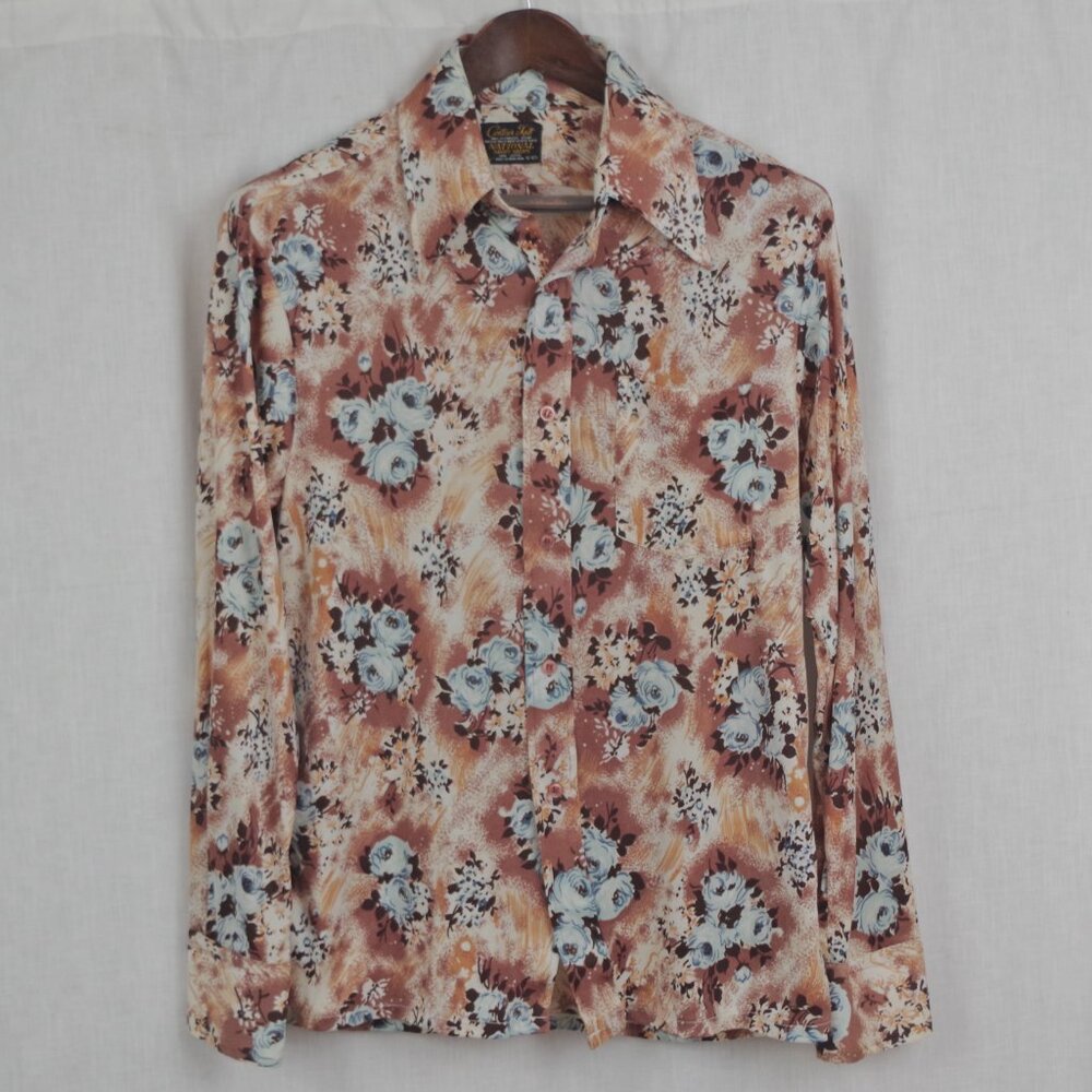 Vintage Nylon 1970's "Disco" Floral Pattern Shirt Large